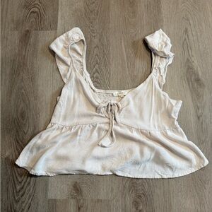 LA Hearts Cream Linen Blend Ruffle Crop Top – Tie Front & Keyhole, Size Medium
